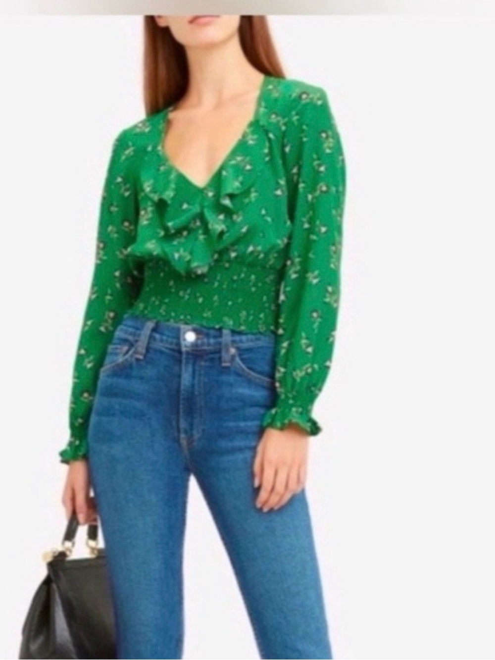 INTERMIX Green Floral Ruffle V Neck Smocked Waist Blouse S